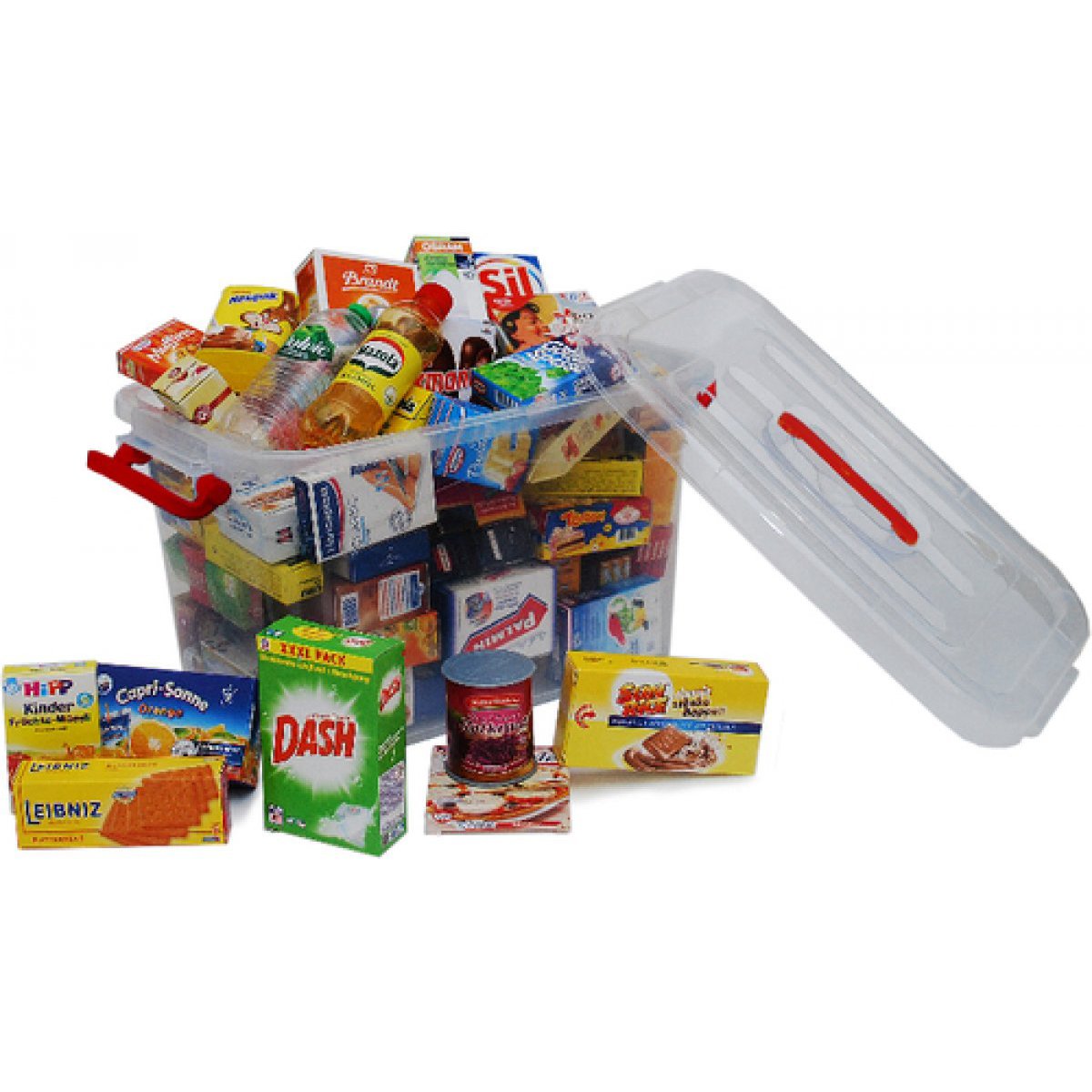 Plastikbox mit 50 Marken Miniaturen Zubehör Kaufmannsladen Kinder Lebensmittel 
