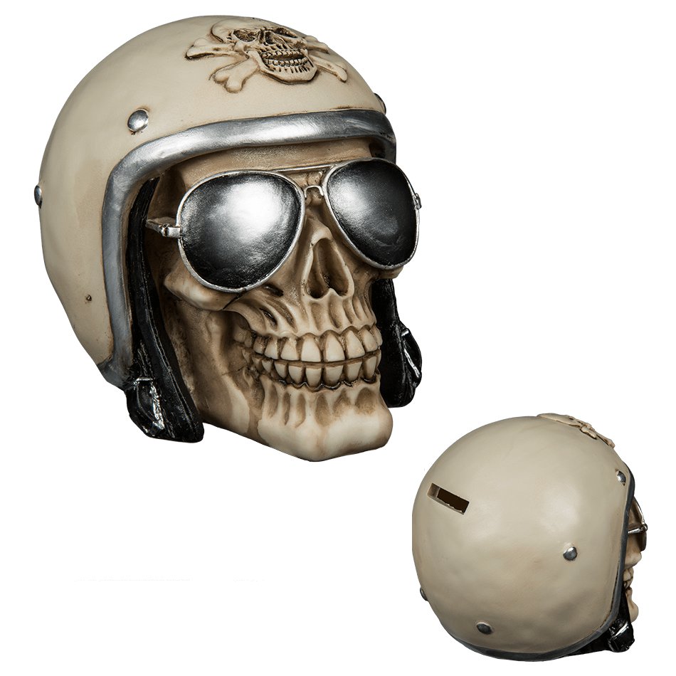 Spardose Totenkopf mit Sonnenbrille und Motorrad Helm schwarz silber beige NEU