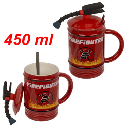 Feuerwehr Feuerlöscher Firefighter Tasse mit Deckel XXL 450 ml ca. 14 x 8 cm