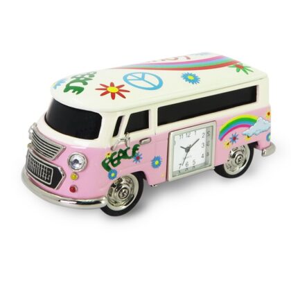 Metall Tischuhr Bus Camper Flower Power Rosa Schreibtischuhr - Siva Clocks 99016