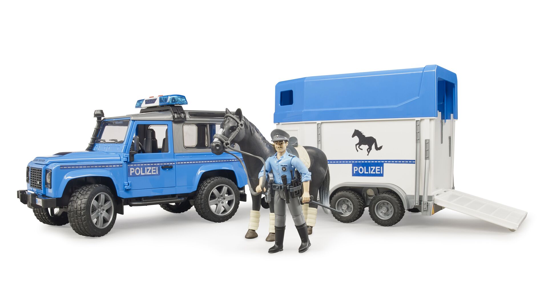 Land Rover Defender Polizei mit Pferdeanhänger mit Pferd 1:16 - Bruder 02588 – Bild 2