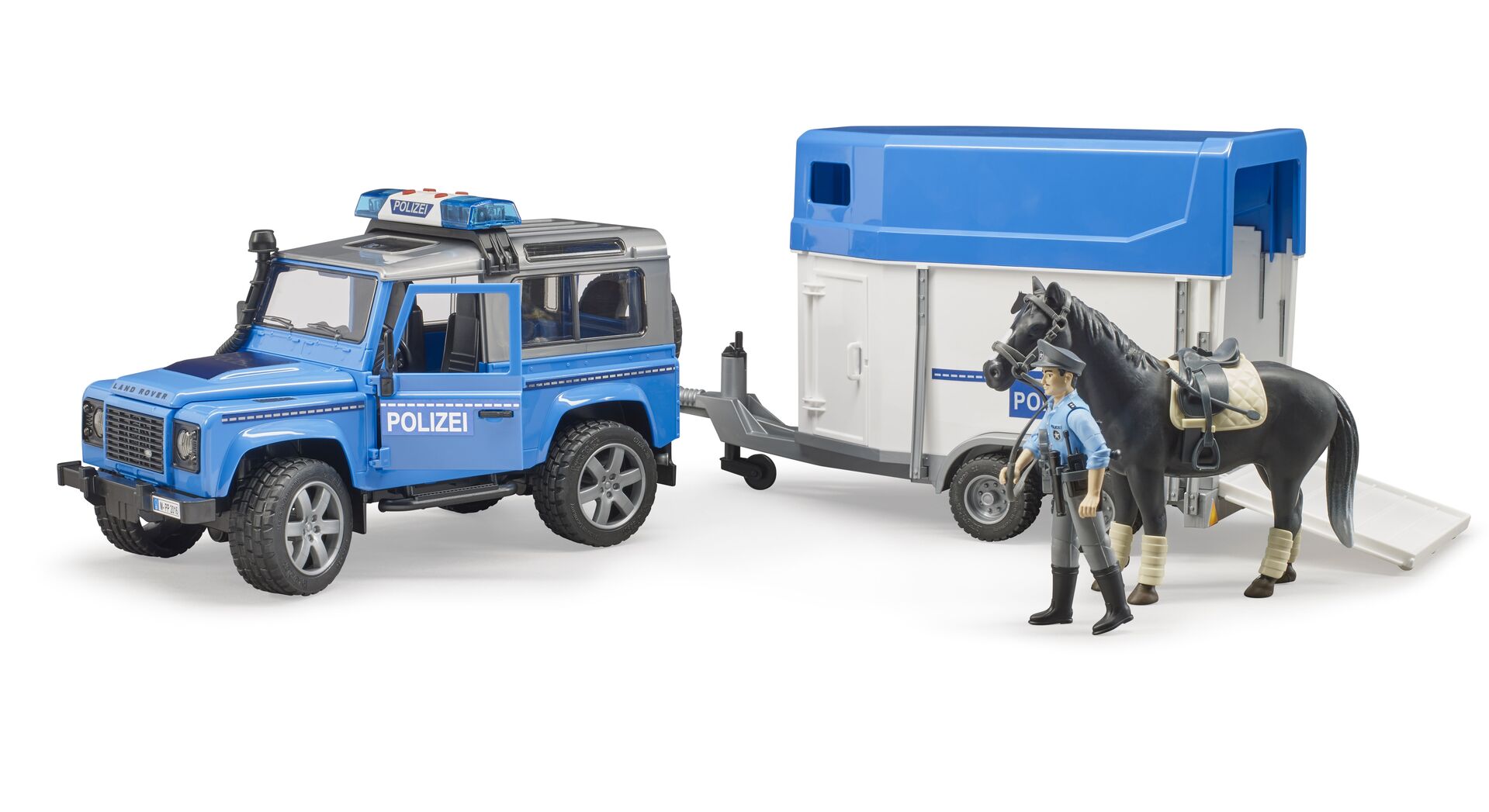 Land Rover Defender Polizei mit Pferdeanhänger mit Pferd 1:16 - Bruder 02588 – Bild 3