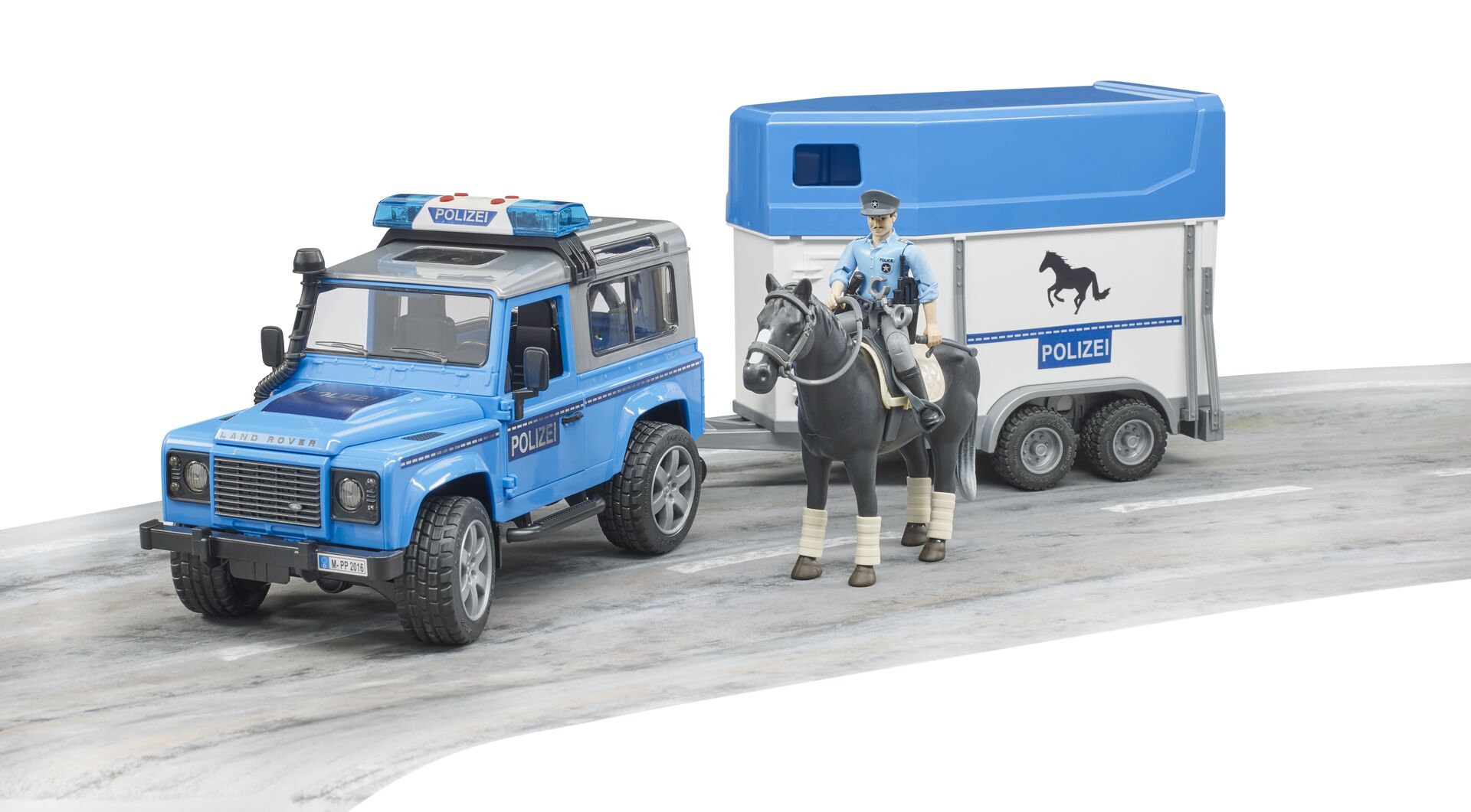 Land Rover Defender Polizei mit Pferdeanhänger mit Pferd 1:16 - Bruder 02588 – Bild 4