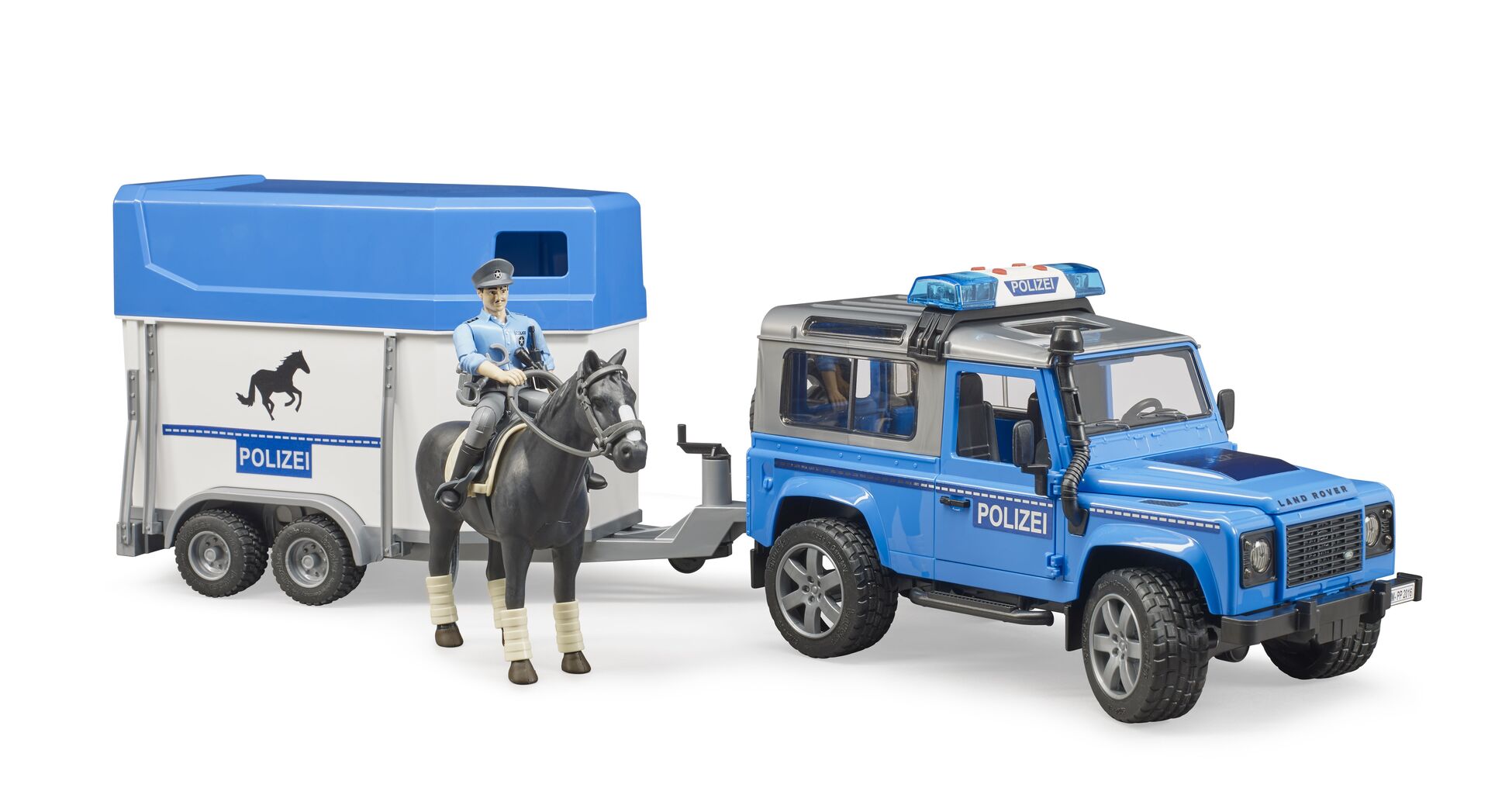 Land Rover Defender Polizei mit Pferdeanhänger mit Pferd 1:16 - Bruder 02588 – Bild 5