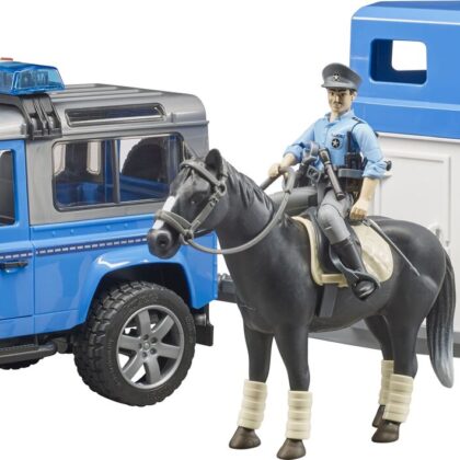 Land Rover Defender Polizei mit Pferdeanhänger mit Pferd 1:16 - Bruder 02588