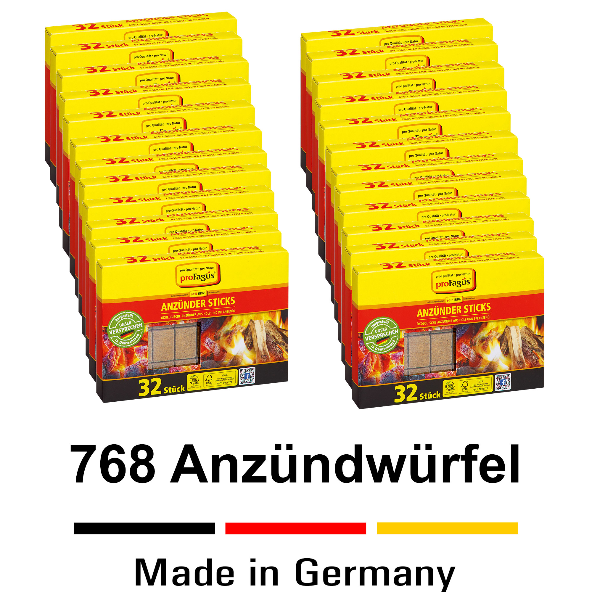 ANZÜNDWÜRFEL 768 Würfel XXL Paket (24 x 32Stück) Öko Anzünder - proFagus