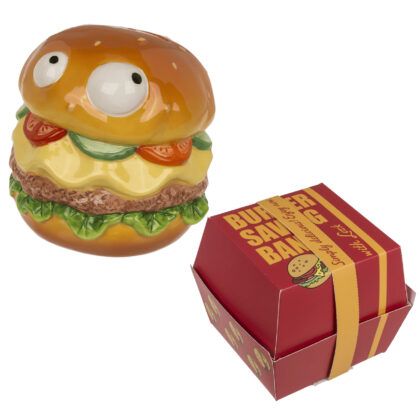 Burger als Spardose mit Schloss ca. 12 x 11 cm Burger mit Augen in Box