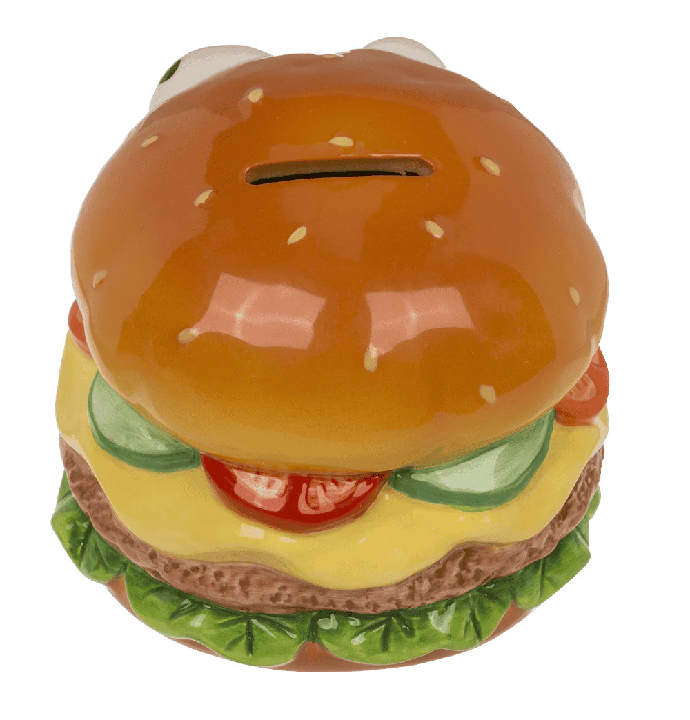 Burger als Spardose mit Schloss ca. 12 x 11 cm Burger mit Augen in Box – Bild 4