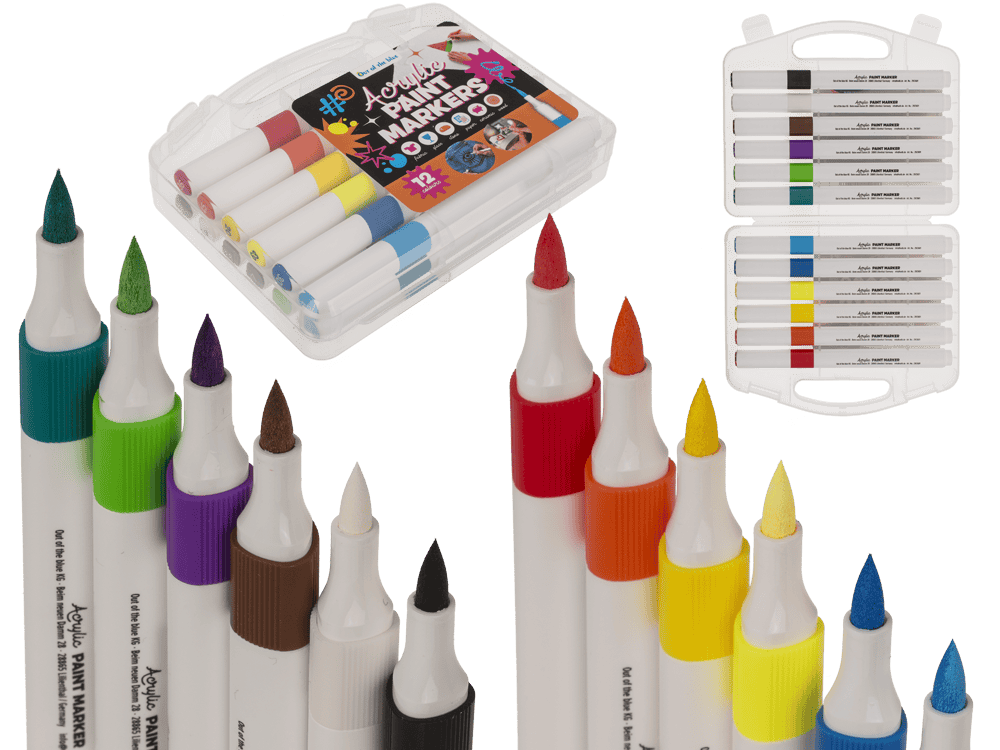 Acrylmalstifte 12er Set wasserfest für Stein, Stoff, Textil, Porzellan und mehr in Kunststoffetui – Bild 2
