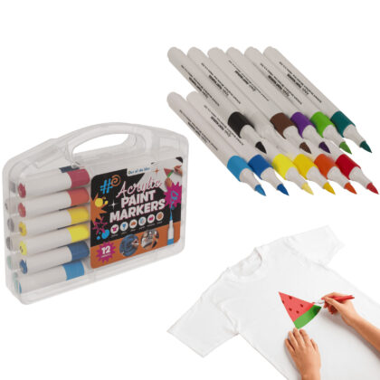 Acrylmalstifte 12er Set wasserfest für Stein, Stoff, Textil, Porzellan und mehr in Kunststoffetui