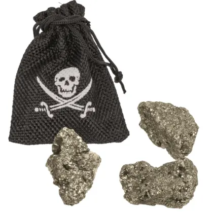 Piratengold Piratenschatz mit 3 Edelsteinen Pyrit inkl. Samtbeutel mit Totenkopf Aufdruck