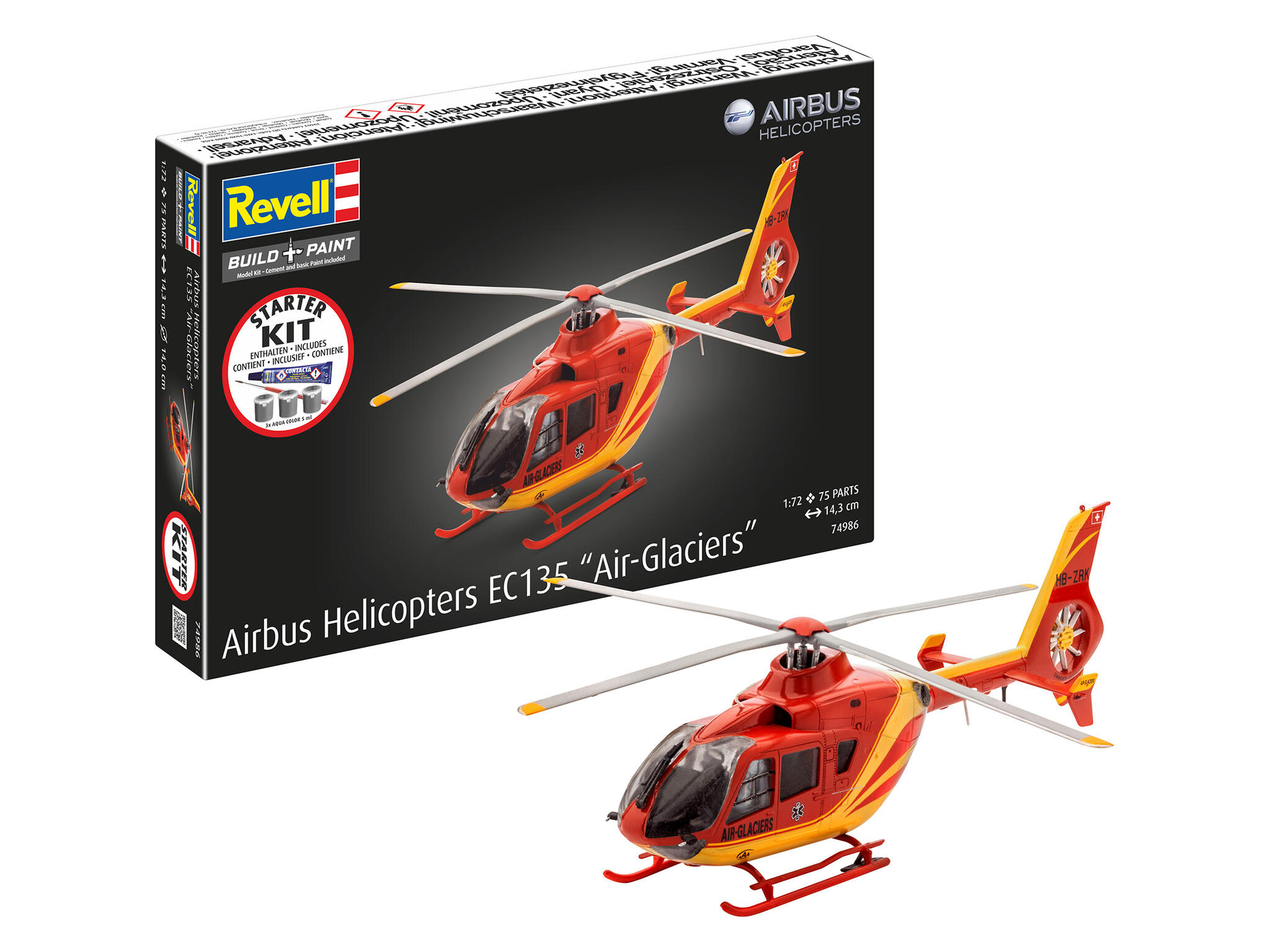 Starter Kit Airbus Helicopters EC135 Air-Glaciers" 1:72 mit Frabe & Kleber - Revell 74986